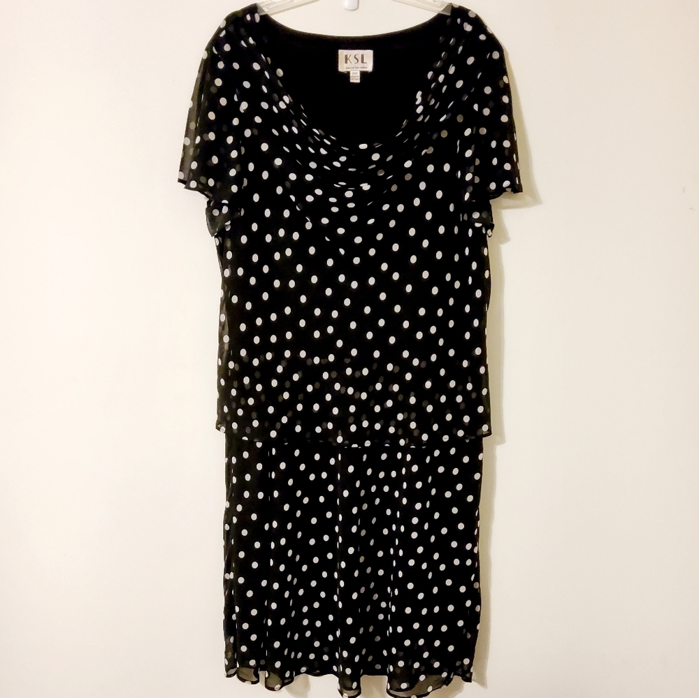 KSL Black White Polka Dotted Short Mesh Bell Sleeve Shift Dress Cowlneck Sz 20W